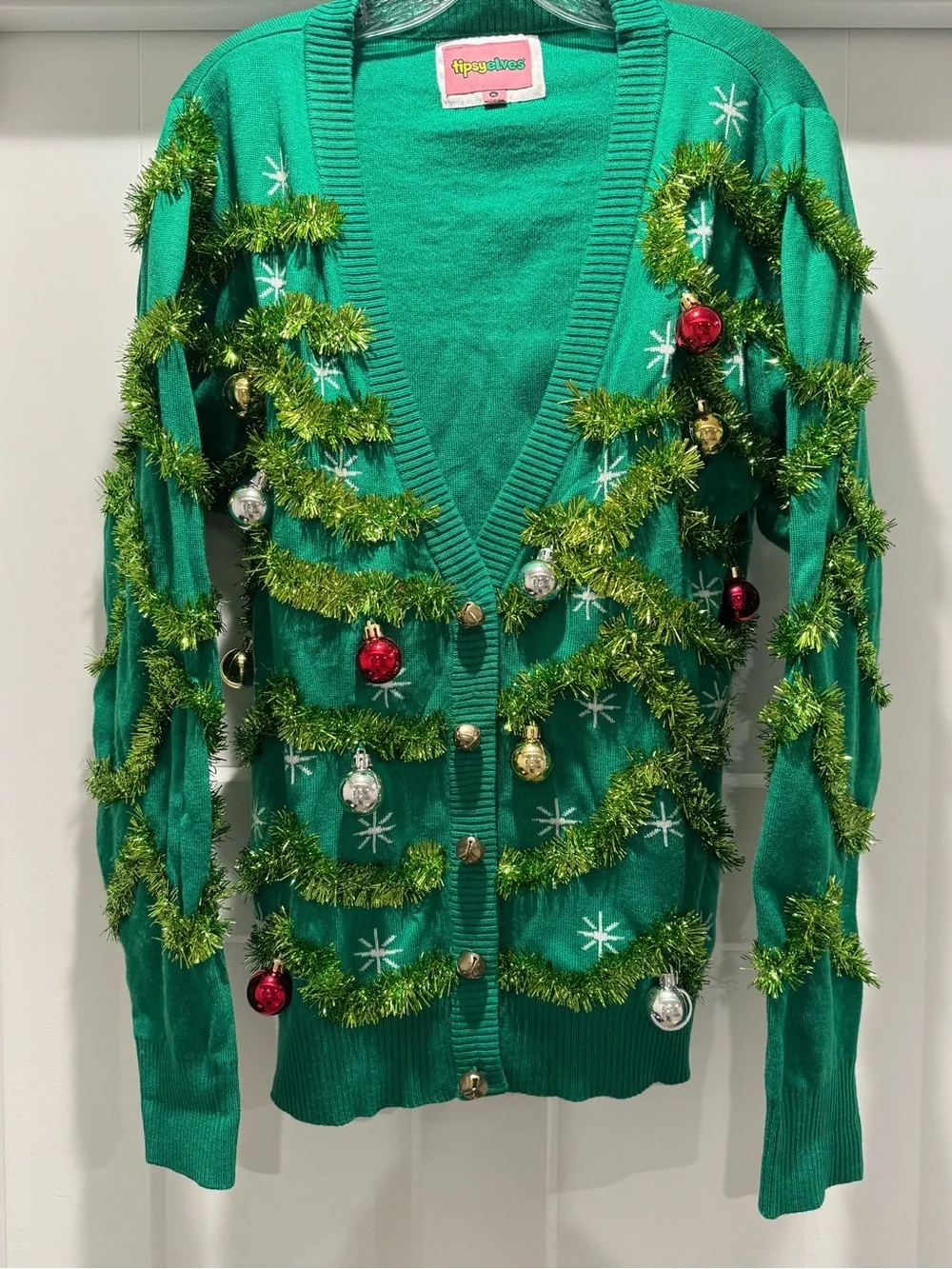 Tipsy Elves Women’s Green Holiday Tinsel Cardigan Sweater